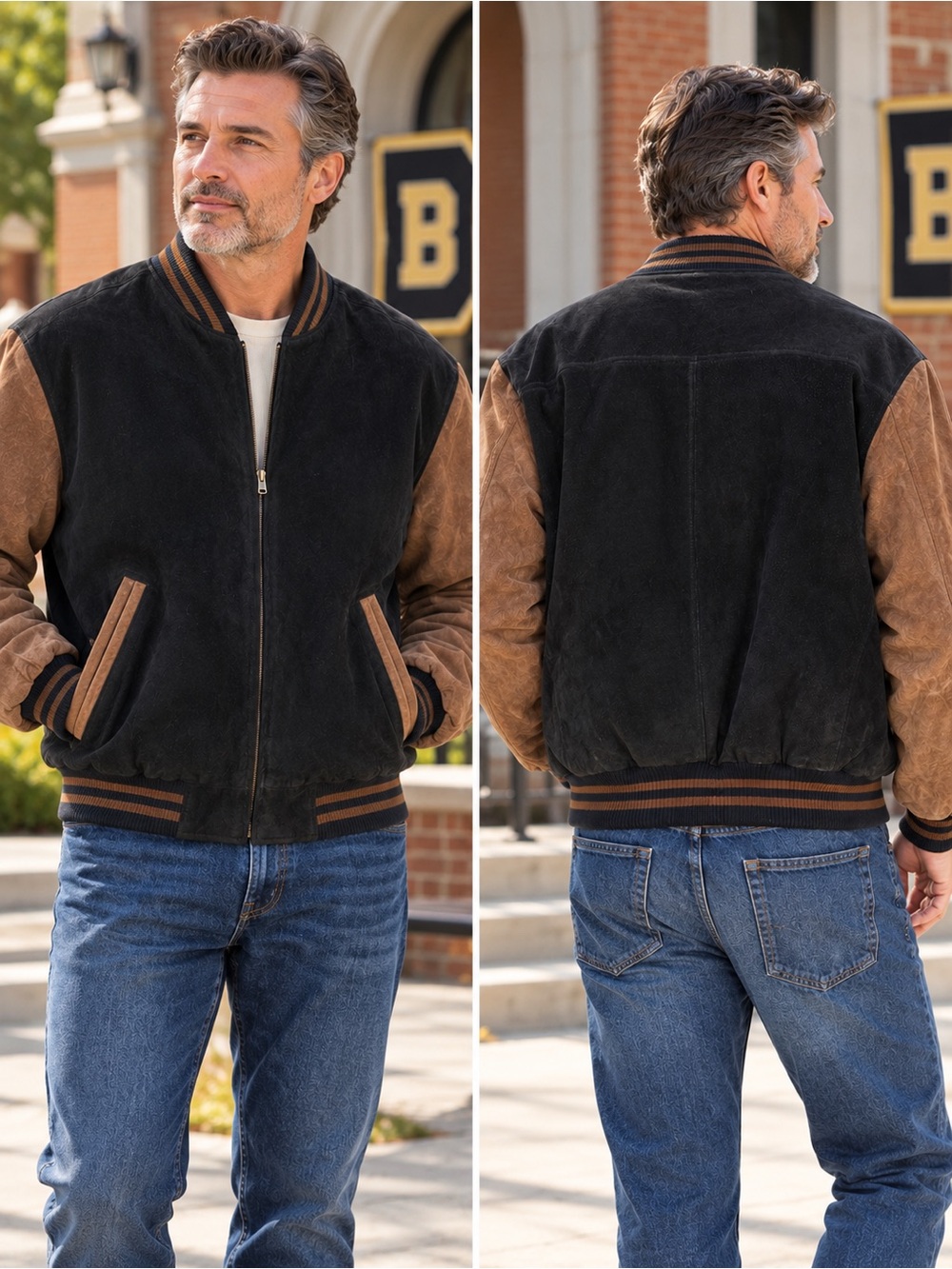 Stefano Men’s L Leather Suede Bomber Jacket Black Brown Varsity Quilted Vintage